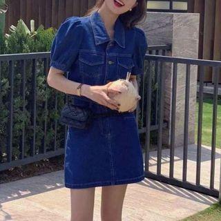 Short-sleeve Denim Crop Shirt / Mini A-line Skirt / Set