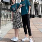 Couple Matching Bear Print T-shirt / Pants / Plaid Suspender Midi A-line Skirt