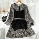 Set: Leopard Long-sleeve A-line Dress + Knit Vest