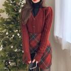 Cardigan / Plaid Mini Fitted Skirt / Long-sleeve Top