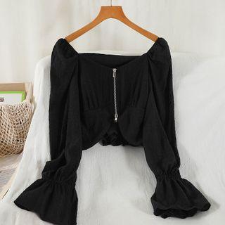 Bell-sleeve Cropped Zip Blouse