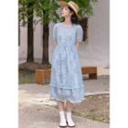 Set: Spaghetti-strap Floral A-line Dress + Short-sleeve Midi A-line Dress