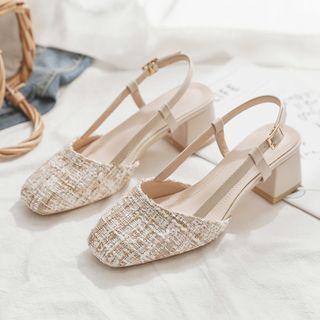 Block Heel Tweed Slingback Sandals
