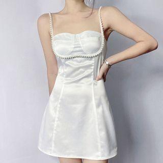 Faux Pearl Spaghetti Strap A-line Mini Dress