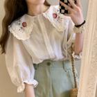 Puff-sleeve Lace Trim Flower Embroidered Shirt White - One Size