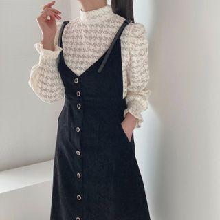 Set: Mock-neck Houndstooth Blouse + Midi A-line Overall Dress Black - One Size