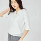 Notched-neckline Elbow-sleeve Knit Top