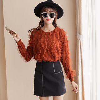 Long-sleeve Mesh Ruffled Knit Top