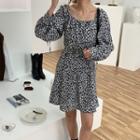 Long-sleeve Floral A-line Dress Black - One Size