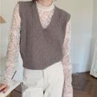 V-neck Argyle Knit Vest / High-neck Lace Long-sleeve Top