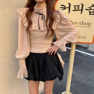 Ruffle Trim Chiffon Blouse / Patterned Cardigan / Shorts