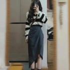 Long Sleeve V-neck Striped Sweater / Asymmetrical Hem Wrap Skirt
