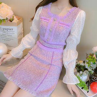 Bell Sleeve Two-tone Tweed Panel Frayed Mini Dress