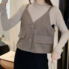 Mock-turtleneck Long-sleeve Top / Double Strap Buttoned Vest