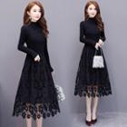 Long-sleeve Mock Two-piece Lace Panel Midi A-line Dress