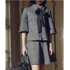 Set: 3/4-sleeve Single-breasted Jacket + A-line Skirt