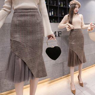 Mesh Panel Plaid Pencil Skirt