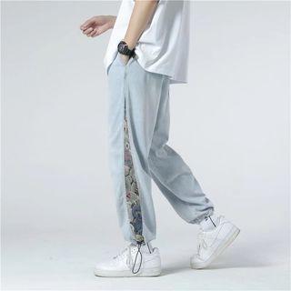 Mid Rise Print Panel Drawstring Baggy Jeans