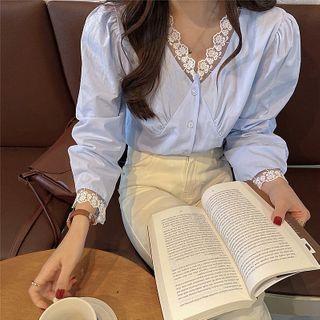 Puff-sleeve Lace Panel Blouse Blue - One Size