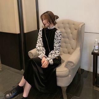 Color-block Floral Velvet A-line Dress