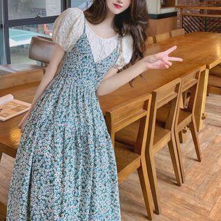 Puff-sleeve Lace Top / Spaghetti Strap Floral Print A-line Midi Dress