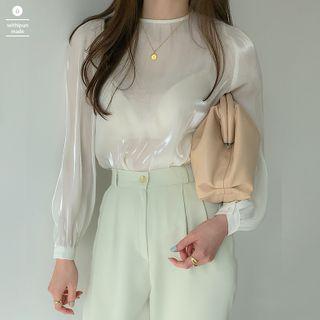 Crewneck See-through Satin Blouse
