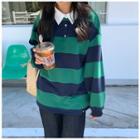 Striped Long-sleeve Polo Pullover