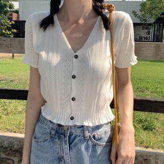 Pointelle Knit Short-sleeve Cropped Knit Top