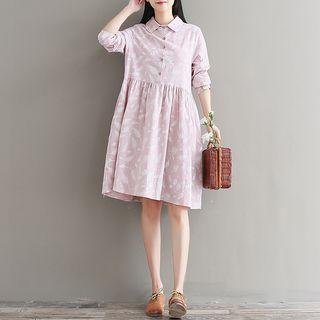 Long-sleeve Leaf Print Linen Dress