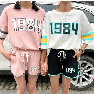 Set: 3/4-sleeve Numbering Print Top + Numbering Shorts