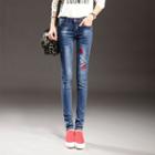 Lip Embroidered Washed Skinny Jeans