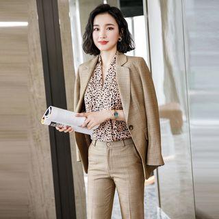 Single-button Blazer / Cropped Straight-fit Pants / Dotted Blouse / Set