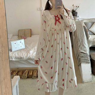 Long-sleeve Fruit Print Sleep Dress White - One Size