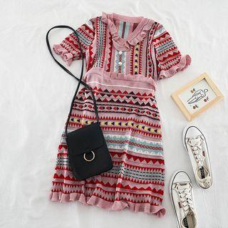 V-neck Ruffle-trim Knit Dress As Shown In Figure - One Size