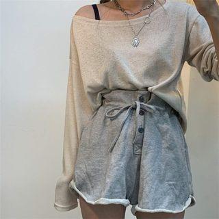 Plain Slit Long-sleeve T-shirt / High-waist Drawstring Shorts