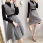Long-sleeve Knit Top / Houndstooth Pinafore Dress / Set