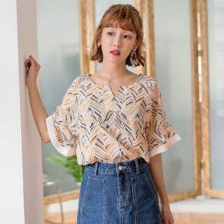 V-neck Bell Sleeve Print Chiffon Top
