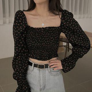 Floral Long-sleeve Chiffon Top Black - One Size