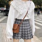 Lace Panel Shirt / Plaid Mini A-line Pleated Skirt