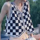 Sleeveless Checkerboard Button-up Knit Top