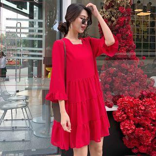 Elbow-sleeve Tiered A-line Chiffon Dress