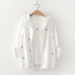 Floral Embroidered Drawstring-hem Button-up Hooded Jacket
