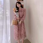 Long Sleeve Lace-up Floral Print Ruched Chiffon Dress
