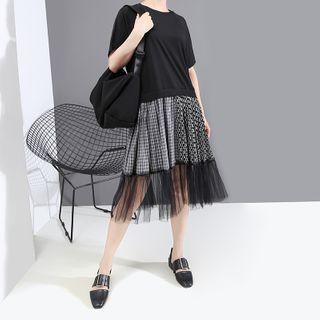 Sheer Panel Short-sleeve A-line Dress Black - One Size