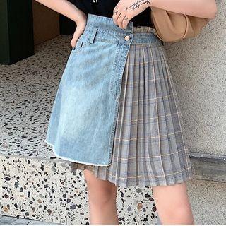 Denim Panel Pleated A-line Skirt