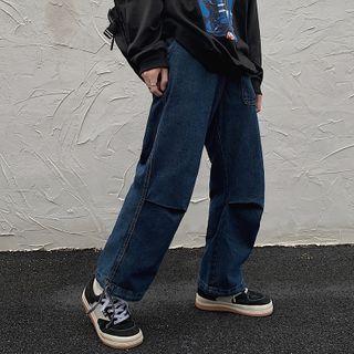 Drawstring Hem Side Pocket Straight-cut Jeans