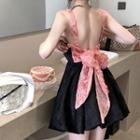 Spaghetti Strap Open-back Color Block Bow Accent Dress