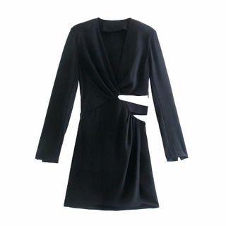 Long-sleeve V-neck Plain Cutout Dress