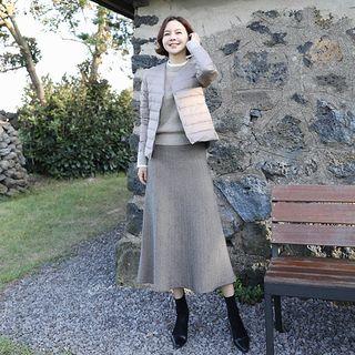 Band-waist Herringbone A-line Long Skirt