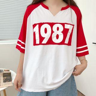 Number Print Elbow-sleeve T-shirt